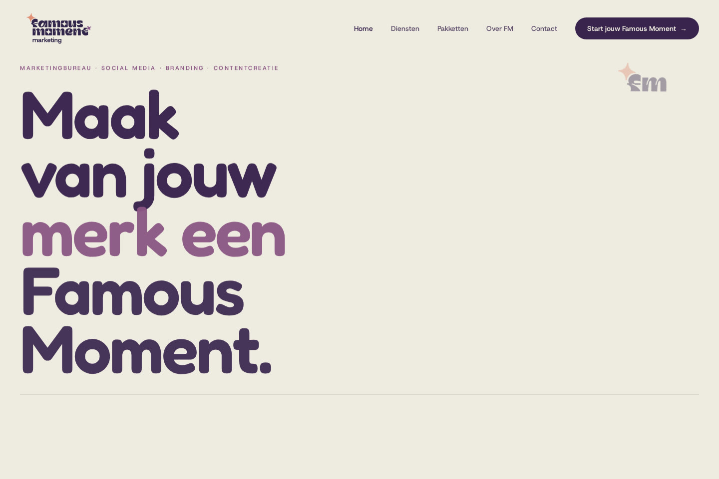 Voorpagina van de klantwebsite Famous Moment Marketing