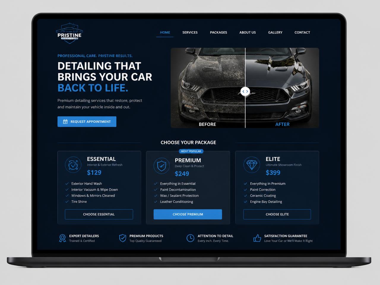 Conceptvoorbeeld van een website voor autodetailing met pakketten en voor-en-na-foto's